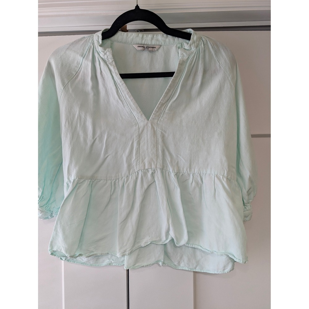 Amanda Uprichard Mint Green Linen Blend V-Neck Peplum Balloon Sleeve Top Small